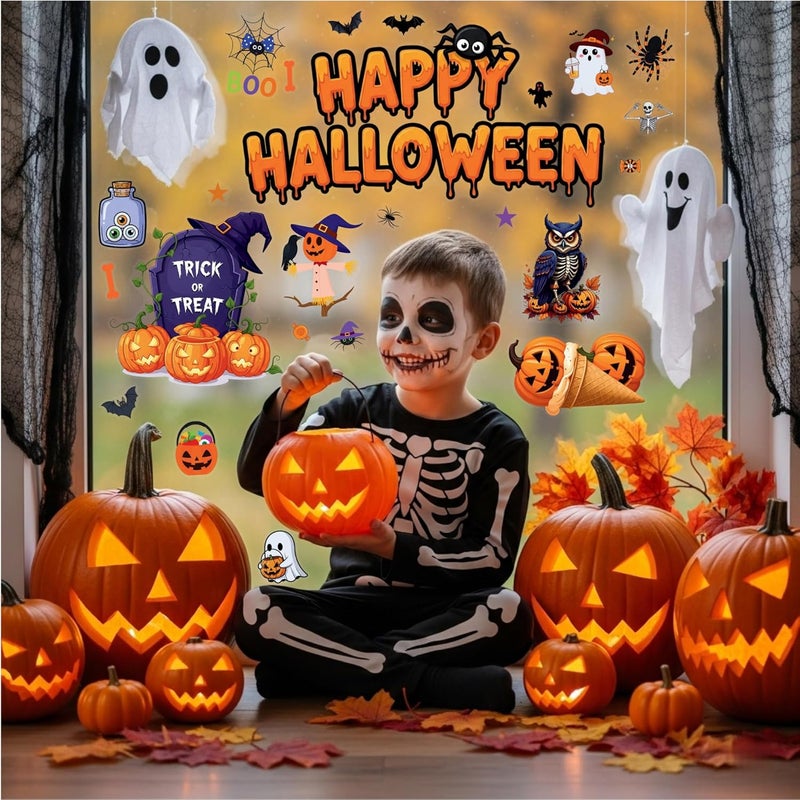 Backtopeia Halloween Window Cling Stickers | Halloween Decorations Party Decorations Indoor Outdoor Décor Accessories Party Favors Supplies Craft Gift Idea For Kids Adult Pumpkin Skull Skeleton Spider - 8 Sheets - Image 5